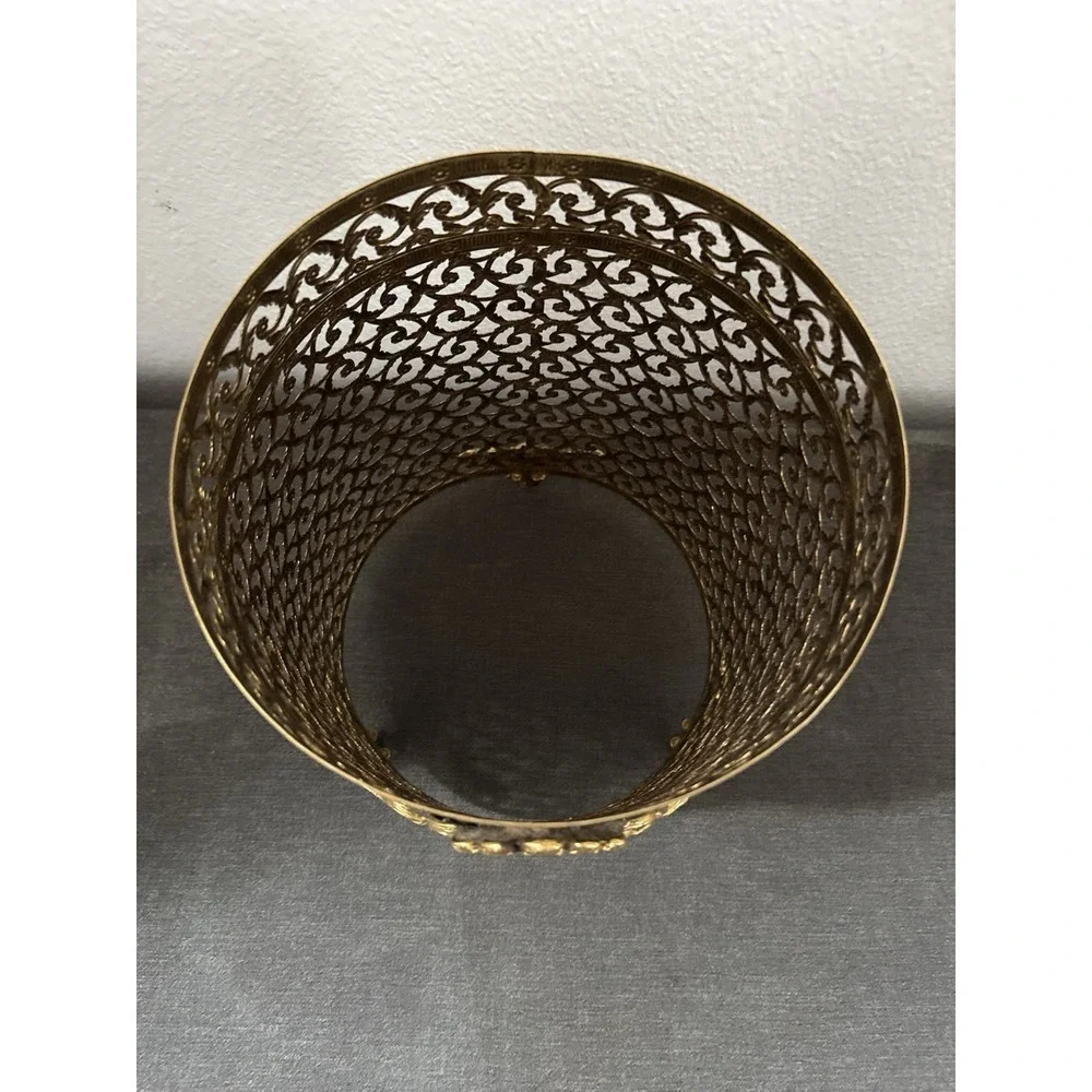 Hollywood Regency Gold Filigree Scroll Footed Trash Can NO Liner 11